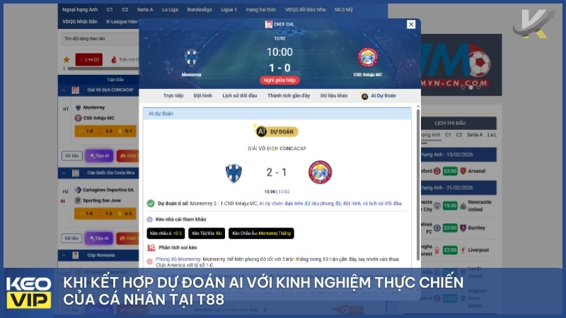 Tỷ Lệ Kèo Bóng Đá – Bí Kíp Keonhacai5 Soi Kèo Bóng Đá Đỉnh Cao Tại T88 5 Khi kết hợp dự đoán AI với kinh nghiệm thực chiến của cá nhân tại T88, anh em sẽ tạo nên bộ công cụ "bất bại" trước mọi bảng kèo.